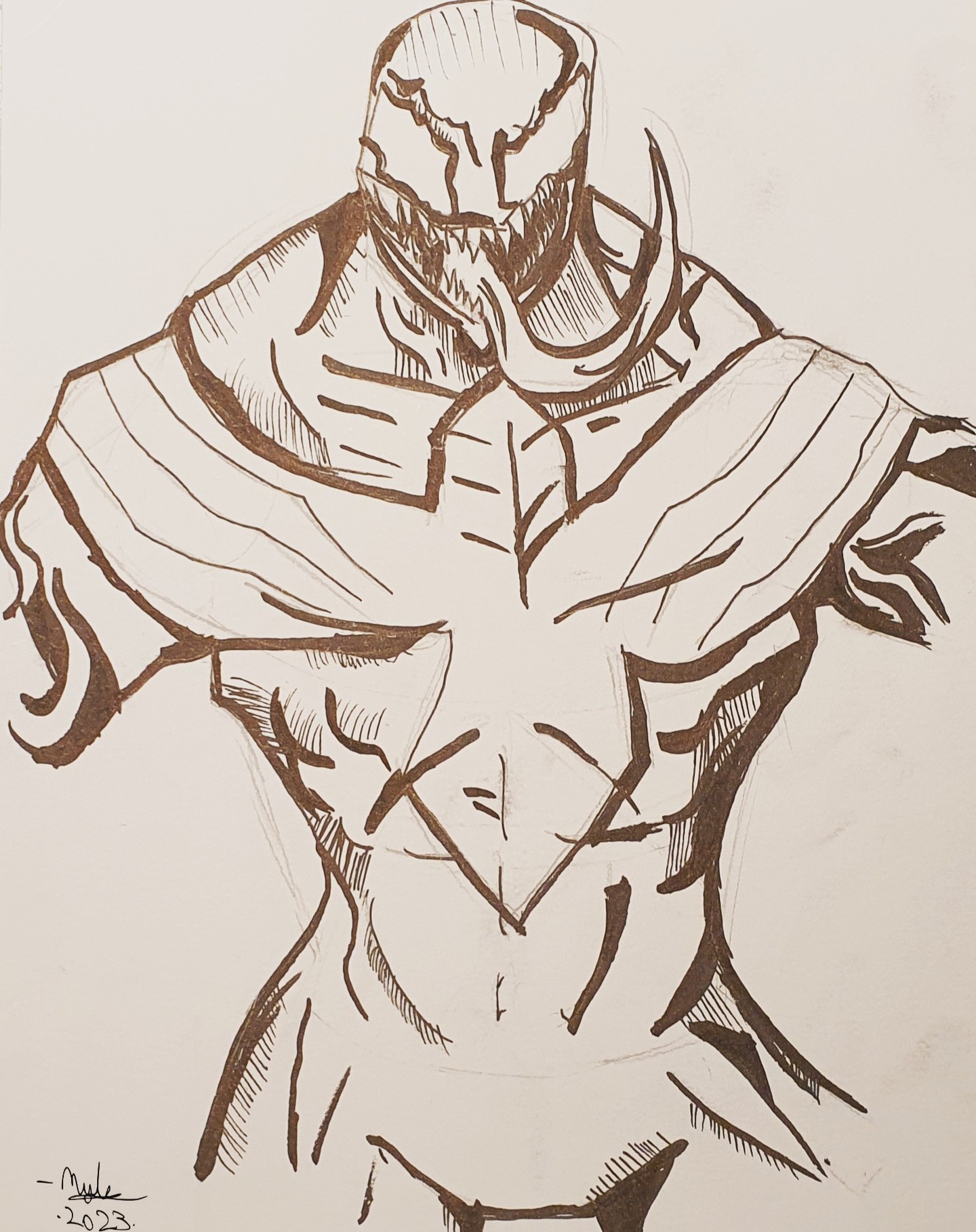 Ink drawing of a muscular creature with extended tongue by Myles